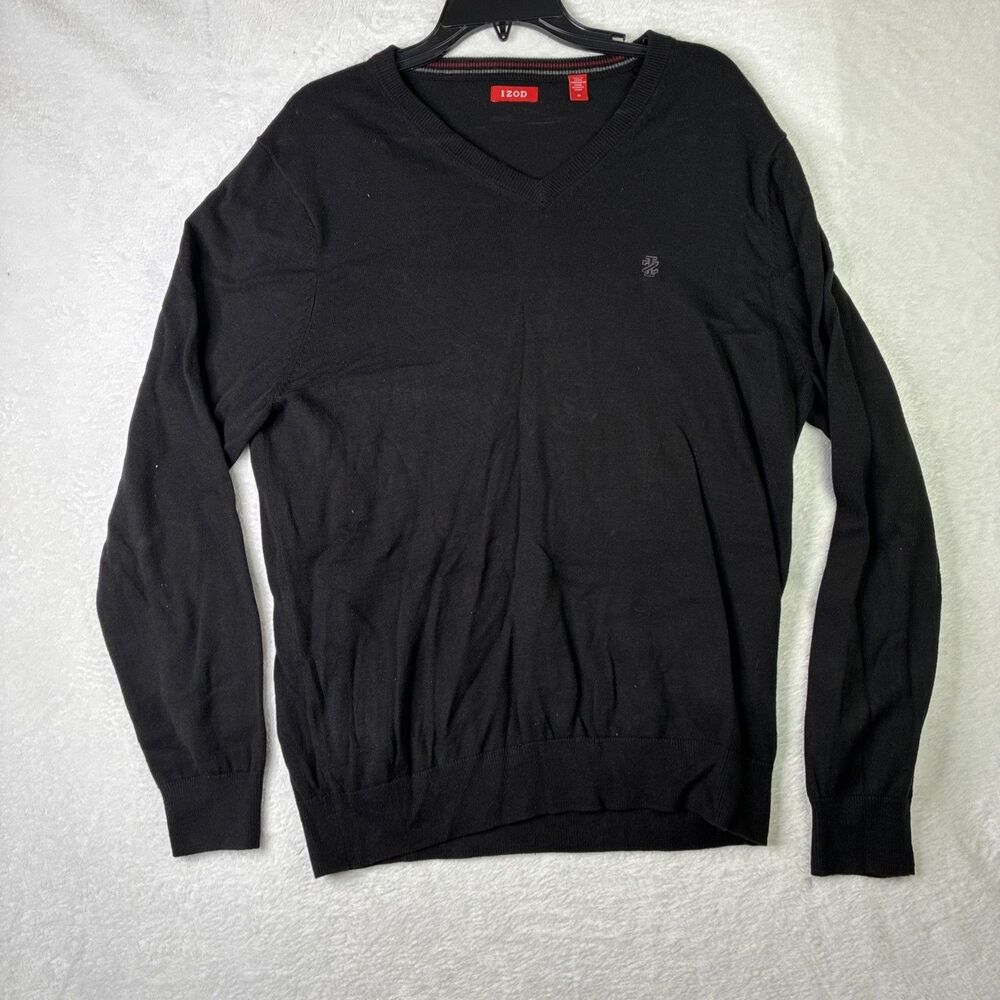 IZOD Mens Medium Black V Neck Pullover Sweater Long Sleeve Logo Casual Knit